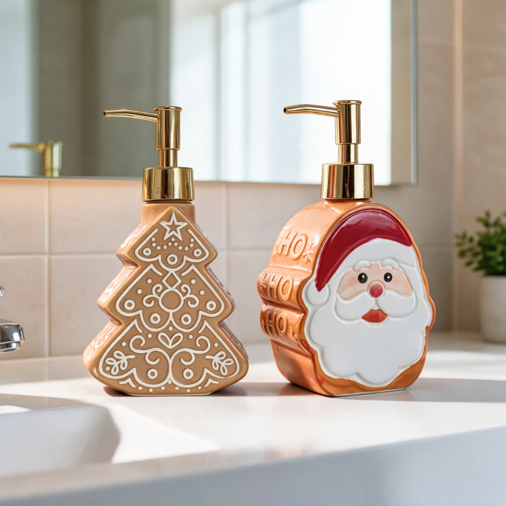 Porta Sabonete/Detergente de Natal - Porcelana, Decoração Natalina, Papai Noel, Árvore de Natal