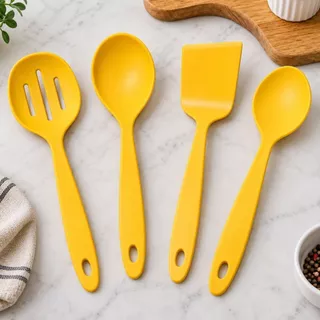 Kit 4 Utensílios de Cozinha 30cm Espátula Concha Colher Escumadeira Para Servir Mesa Posta