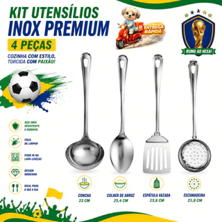 Kit Utensilio Premium aço Inox 4 Pecas Cozinha Restaurante Buffet Colher Concha Espatula E