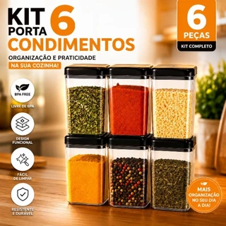 Kit 6 Potes Porta Temperos 200ml Organizador de Cozinha Porta Condimentos Mantimentos Plás