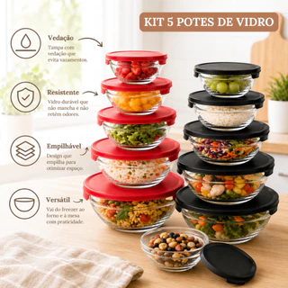 Kit 5 Potes de Vidro Hermético com Tampa Redondo Empilhável para Cozinha Marmitas Alimento
