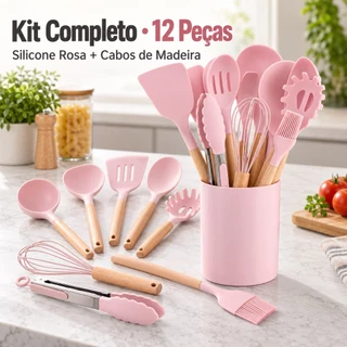 Kit Cozinha Silicone Rosa 12 Peças com Pegador Batedor Colheres Espátulas e Suporte para P