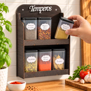 Porta Temperos 6 Potes de Parede MDF Madeira Organizador de Condimentos Cozinha Mesa com S