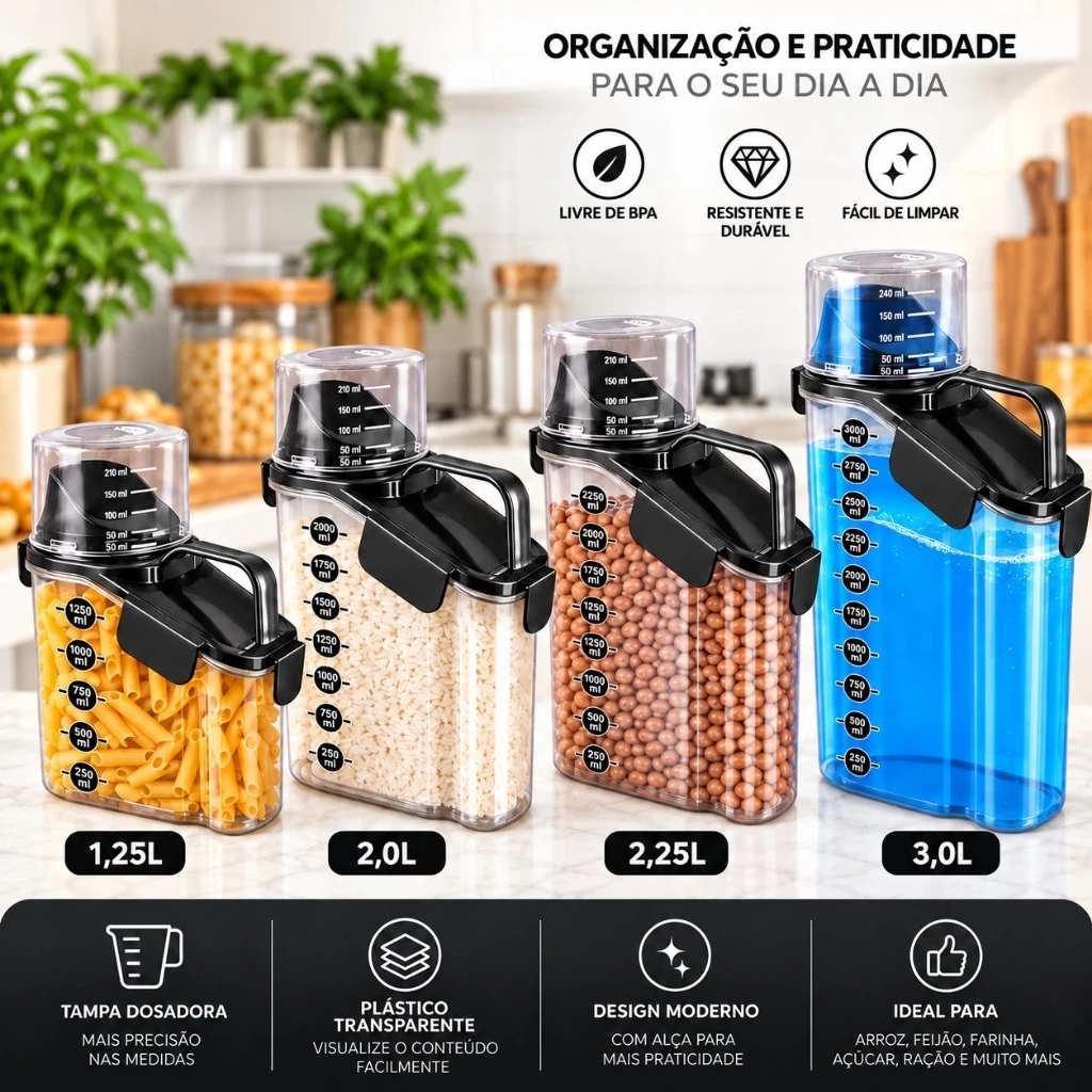 Kit 4 Dispenser Pote Hermético Multiuso Acrílico Porta Mantimento Cozinha TampaDosador Lavanderia Sabão Líquidos Premium
