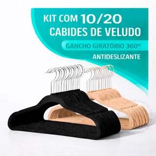 Kit 10/20 Cabides Aveludados Adulto De Veludo Antideslizante Com Gancho Giratório 360° Pre