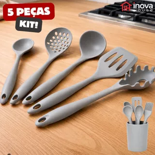 Kit 5 Utensílios para Cozinha de Silicone Escumadeira Concha Espátula Colher de Arroz Pega