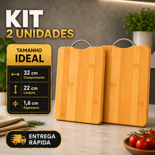 Tábua de Bambu com Alça em Aço Lisa Antibacteriana Premium 32x22x1,6cm Retangular Corte Co
