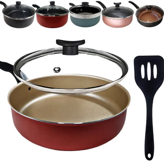 Frigideira Antiaderente 24cm Alta com Tampa de Vidro + Espátula Não Gruda Alumínio