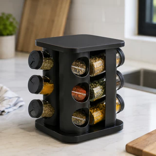Porta Temperos Giratório 360° 12 Potes de Vidro 85ml Organizador de Condimentos Preto