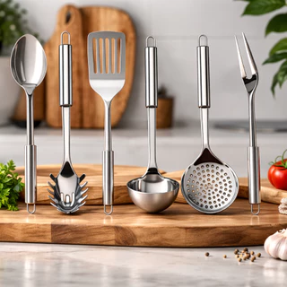 Kit 6 Utensílios de Cozinha em Aço Inox Escumadeira Concha Colher Arroz Pegador Massa Garf