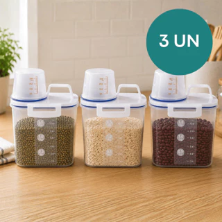 Kit até 3 Pote Hermético 1,5kg Cozinha com Copo Medidor Dosador Porta Mantimentos Grãos Fa