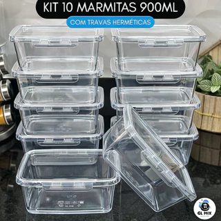 Kit 10 Marmitas com Travas 900ml BPAFREE Pote Plástico Freezer Microondas Fitness Refeição