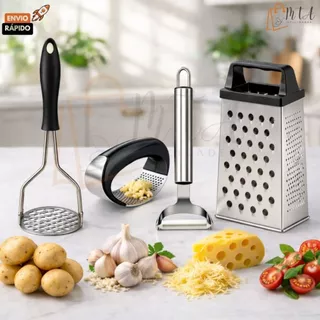 Kit Utensílios Ralador 4 Faces Amassador Batata Amassador Alho Descascador de Legumes em A
