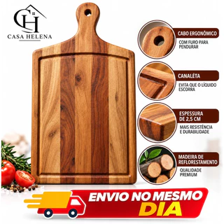 Tábua de Corte para Churrasco em Eucalipto Maciço 43x24cm, 2,5cm de Espessura com Cabo Res