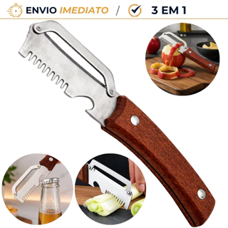 Descascador 3 em 1 Aço Inox 304 Cabo Madeira Legumes Julienne Abridor de Garrafa Cozinha C