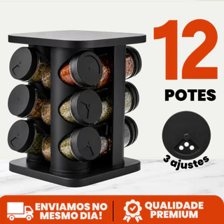 Porta Tempero Condimento Girátorio 12 Potes Cozinha Preto 360 Graus Organizador Dosador Pr