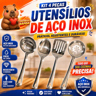 Kit Utensílios de Cozinha Inox Concha Colher Espátula Escumadeira Para Servir Cozinhar Em