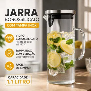 Jarra de Vidro Borossilicato 1,1L com Tampa Inox Hermética Transparente Resistente para Ág