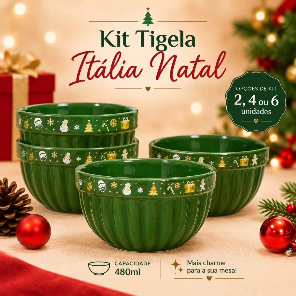 Tigéla Natal Italia Cerâmica 480ml Feliz Natal Bowl Cumbuca Sopas Caldos Sobremesas