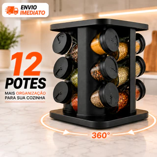 Porta Tempero Giratório 12 Potes de Vidro Preto 360 com Tampa Dosadora Organização Cozinha
