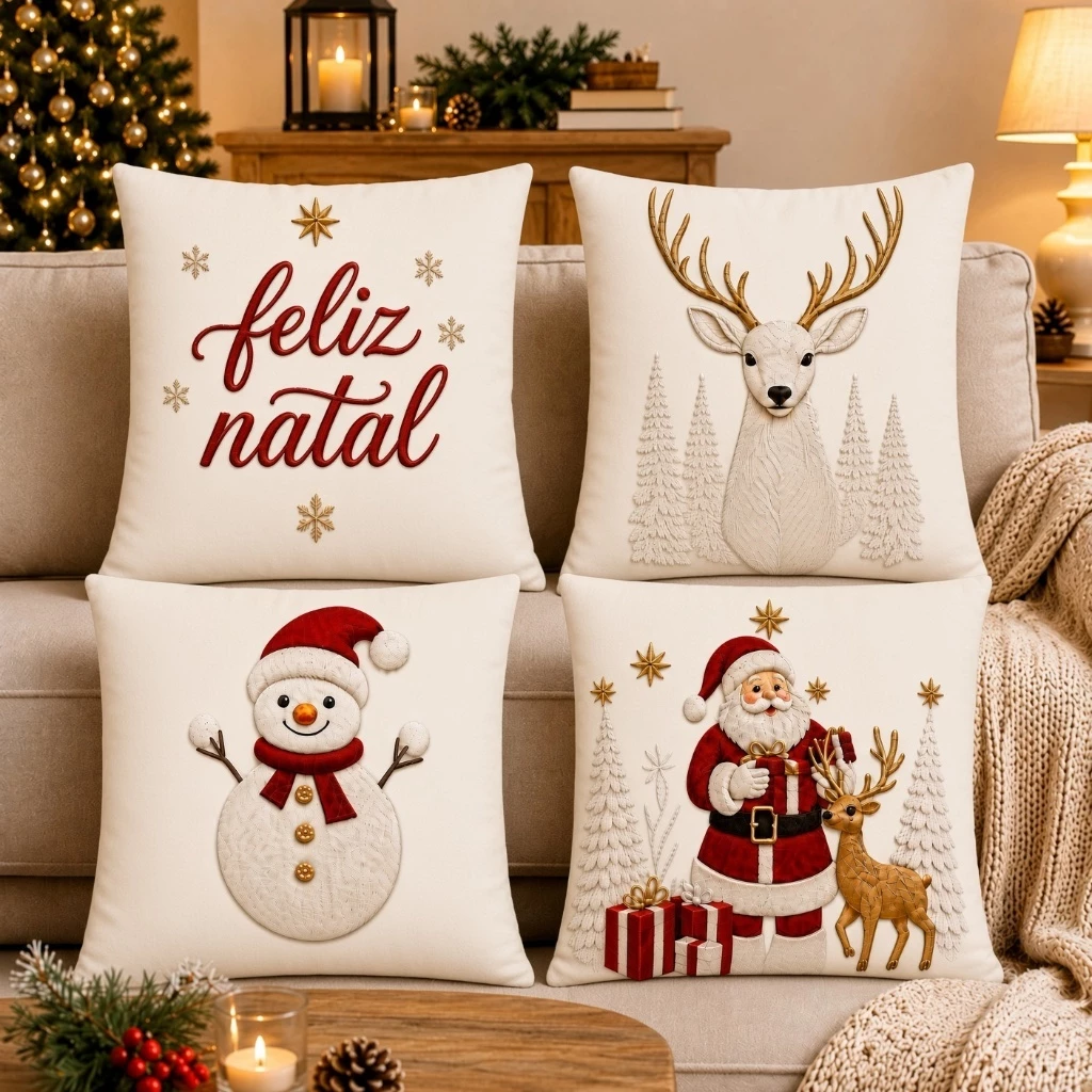 kit Feliz Natal 4 peças capa de almofadas para decoração Natalina