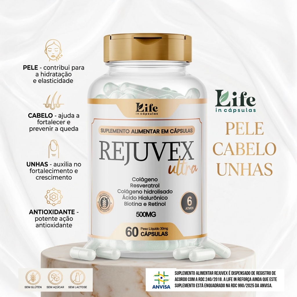 Rejuvex Ultra 60 Cápsulas - Colágeno, Resveratrol e Ácido Hialurônico