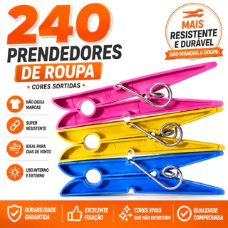 Kit 60 a 240 unidades Prendedor Pregador de Roupas Plástico Reforçado – Cores Sortidas – V