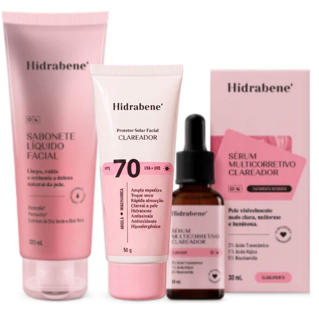 Kit Hidrabene Clareador Facial: Sabonete, Protetor FPS 70 e Sérum
