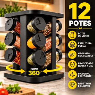 6/12 Potes Porta Condimentos Giratório Vidro Tampa Dosadora 360° Organizador Temperos Cozi