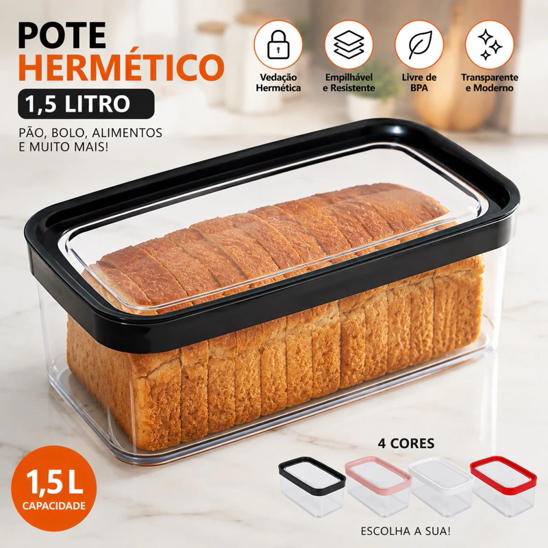 Pote Hermético 1,5L Porta Pão Bolo Organizador Cozinha Alimento mais Fofo Fresco Compacto e Empilhavel