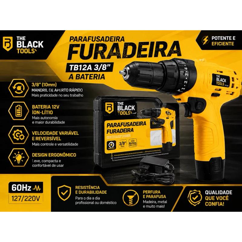 Parafusadeira e Furadeira a Bateria The Black Tools TB12A 12V 3/8" (10mm) com Bateria de Lítio LED e Velocidade Variável