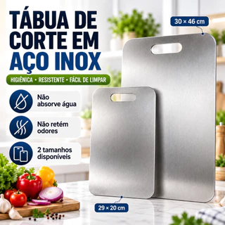 Tábua de Corte Inox para Carne Legumes Frutas 29x20/46x30cm Resistente Fácil de Limpar