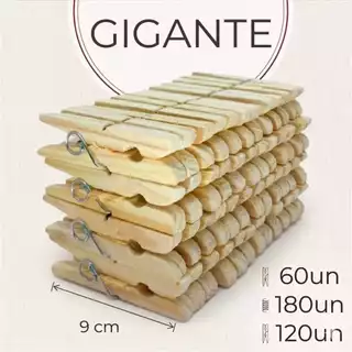 Kit 180 a 60 Unidades Prendedor de Roupas Gigante 9cm Madeira Reforçado Super Resistente p