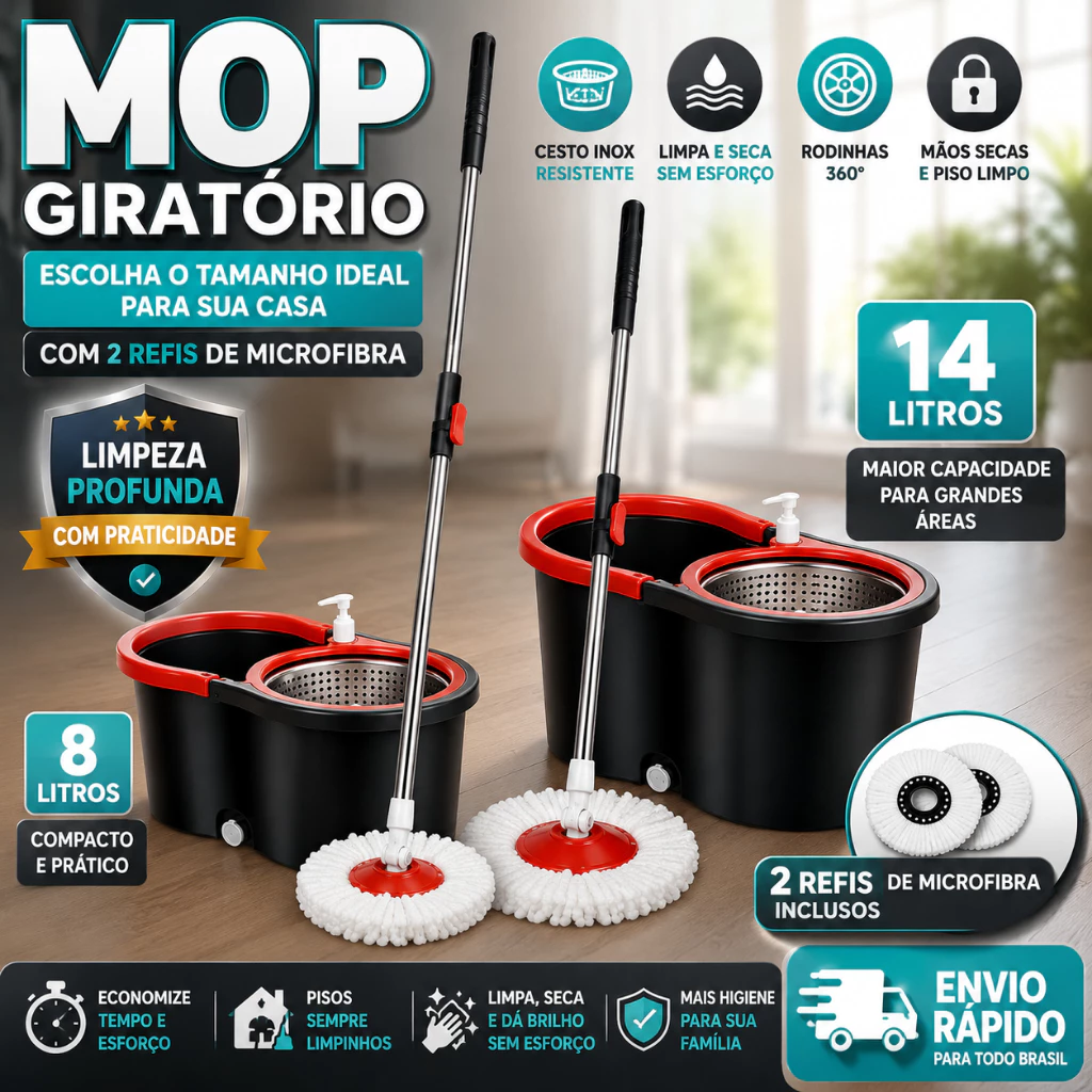 Mop C/ cabo de 140 cm + 2 Refis - Rodinhas e Cesto Em Inox - Balde Centrífuga - CH