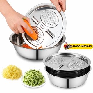 Ralador Fatiador de Legumes com Tigela Aço Inox Multifuncional Bacia 3 em 1 Ralador Queijo