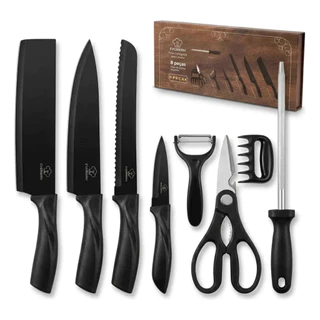 Jogo KIT 8 peças Facas Descascador Tesoura Profissional Cozinha Gourmet Faca de Churrasco