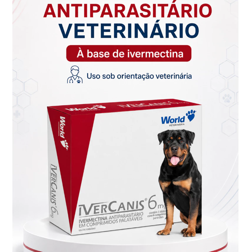 IverCanis 6mg World Veterinária Antiparasitário Ivermectina para Cães Sarna Sarcóptica Caixa de 4 Comprimidos Palatáveis