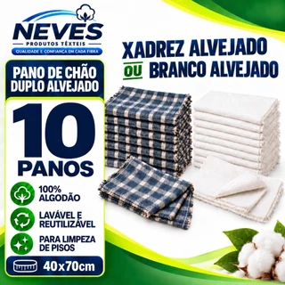Kit c/ 10 Panos de Chão Grande 70x40cm - Saco Duplo Xadrez Azul Alvejado ou Branco Alvejad
