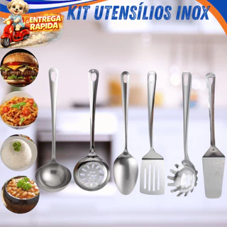 KIT UTENSILIOS INOX 2 3 4 6 PEÇAS COLHER CONCHA ESCUMADEIRA ESPATULA ESCPATULA BOLO PEGADO