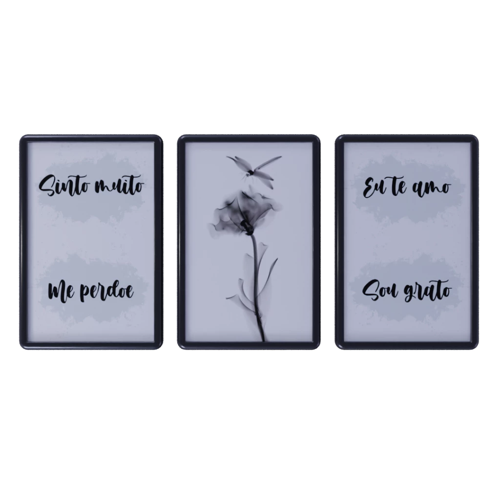 Kit 3 Quadros Decorativos com moldura Tema Sinto muito Me perdoe Eu te amo e Sou Grato