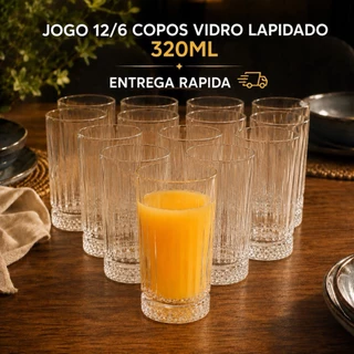 Jogo 12/6 Copos Vidro Lapidado 320ml Grosso Transparente Long Drinks