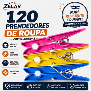Kit 120 / 72 / 60 Prendedores Pregadores de Roupa em Plástico Reforçado - Cores Sortidas