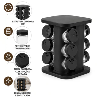 Porta Condimentos Giratório 6/9/12 Potes 85ml Organizador de Temperos Preto para Cozinha M