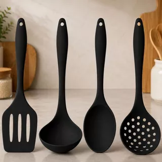 Kit Utensílios Silicone Cozinha 4 Peças Espátula Colher Antiaderente Resistente ao Calor