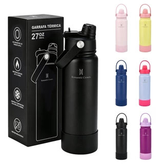 ROMANTIC CROWN Garrafa Térmica 800ml Aço Inox 304 Grande Capacidade com 2 Formas de Beber