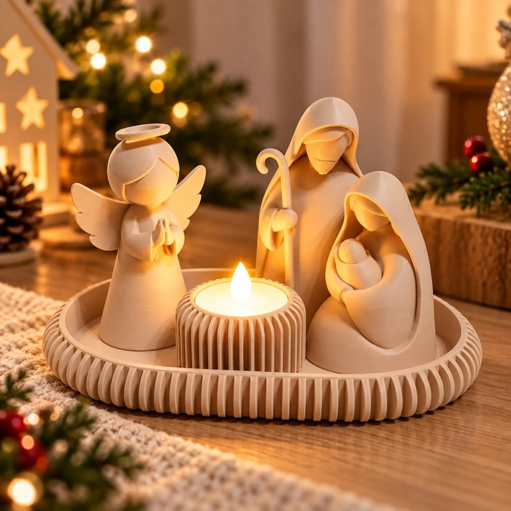 Presépio de Natal Minimalista Decorativo com Bandeja e Vela de LED