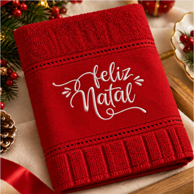 Toalha de Lavabo Natalina Bordada Feliz Natal 30x50 cm | Toalha Decorativa de Natal