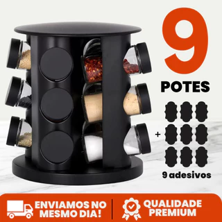 Porta Tempero Condimento Girátorio 9 Potes Cozinha Preto 360 Graus Organizador Dosador Pro