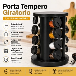 Porta Temperos Giratório 360 Graus 6, 9 ou 12 Potes de Vidro Organizador Cozinha Tampa Dos