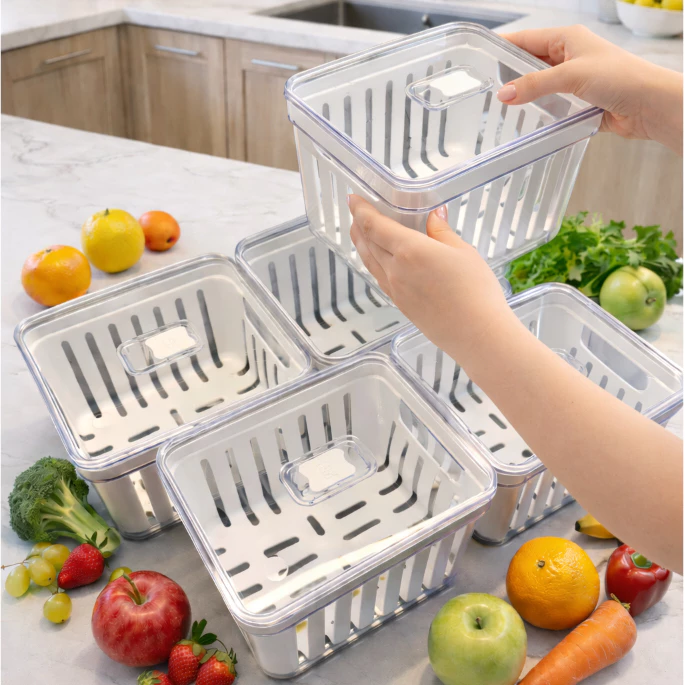 Kit Organizador de Geladeira 3.8 Litros Cesto Com Tampa Multiuso Alimentos Verduras e Vegetais